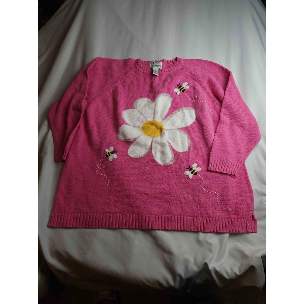 Vintage 90s Y2K Quacker Factory Flower Bee Sweater Womens 2X Pink Cottagecore